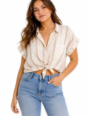 ALTAR’D STATE White Striped Linen Blend Twist Front Cropped Button Up Top Medium